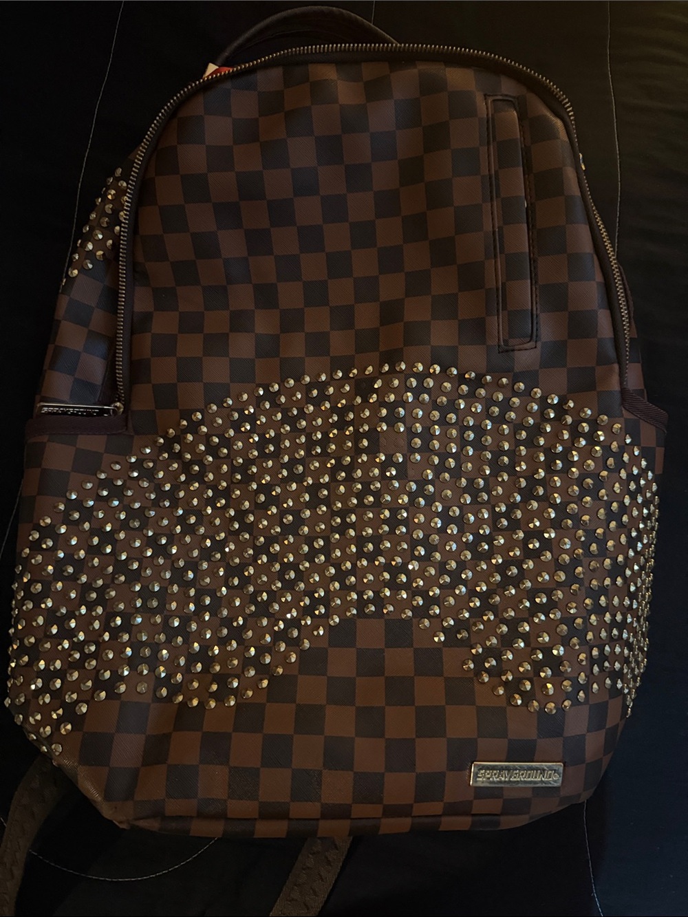 Sprayground Brown Checkered Backpack with Stud Accents